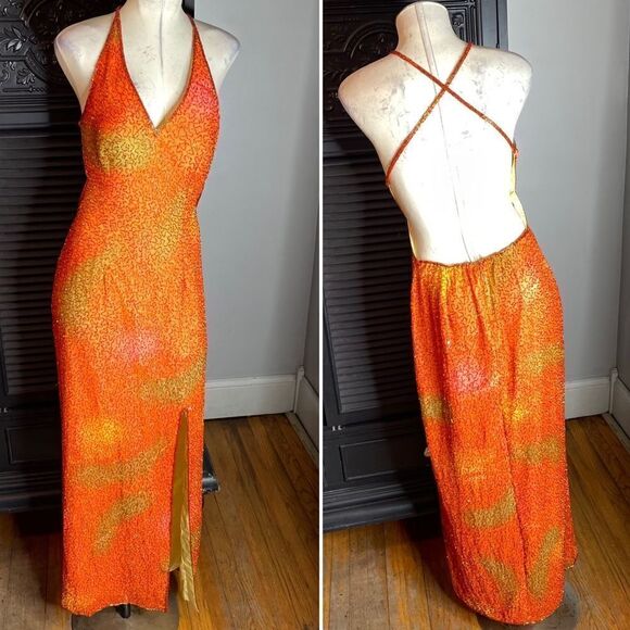 Vintage 90s Adrianna Papell Beaded‎ Open Back Orange Long Slip Dress Gown 12 - Picture 1 of 10